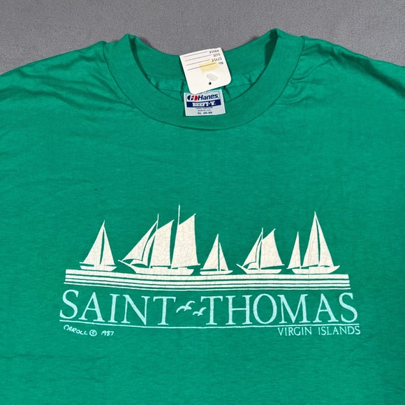 Vintage 1987 Saint Thomas Virgin Islands T Shirt XL Green Sailboat Single Stitch - Picture 1 of 8